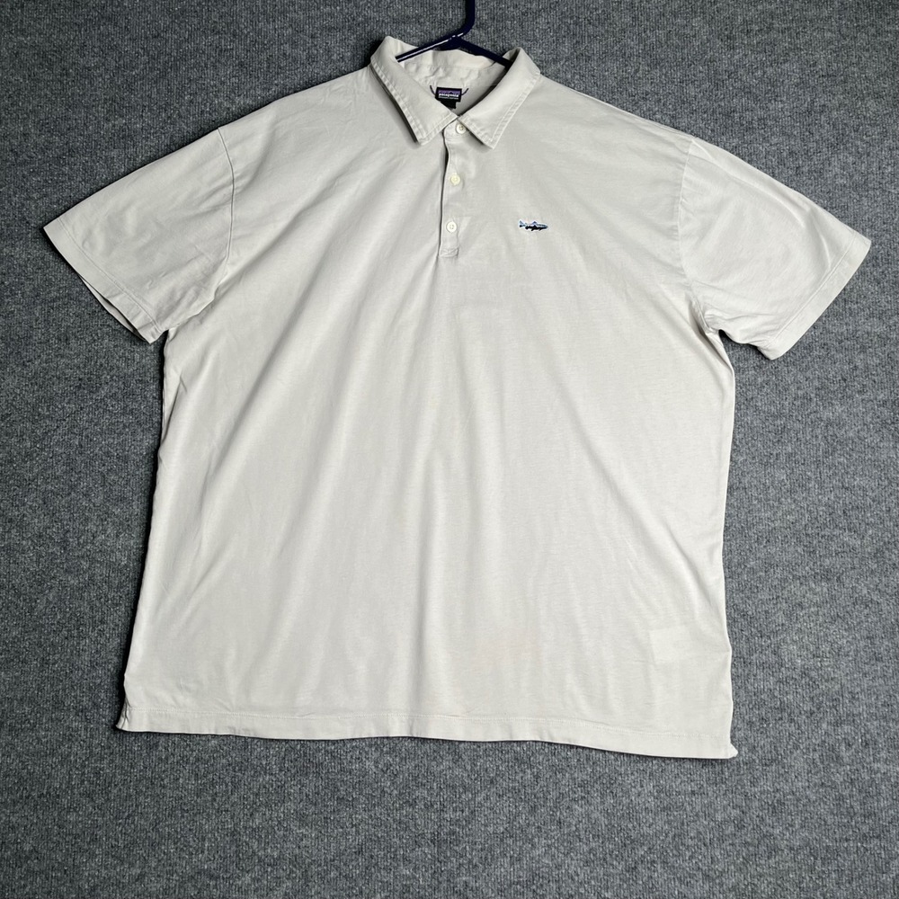 Patagonia Mens XXL Organic Cotton Short Sleeve Trout Logo Polo Shirt Gray